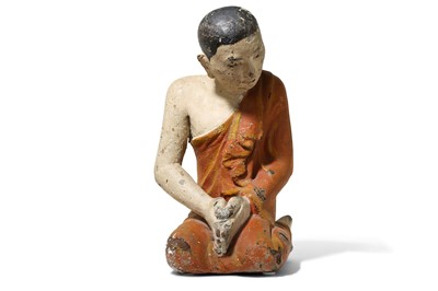 Lot 144 - A BURMESE POLYCHROMED WOOD FIGURE OF A PRAYING...