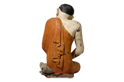 Lot 144 - A BURMESE POLYCHROMED WOOD FIGURE OF A PRAYING...