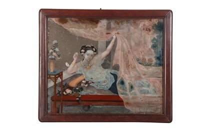 Lot 362 - A CHINESE REVERSE GLASS EROTIC PAINTING. Qing...