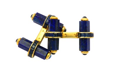 Lot 537 - A pair of lapis lazuli and sapphire cufflinks...