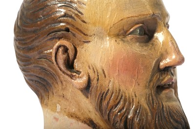 Lot 31 - AN 18TH CENTURY NEAPOLITAN CARVED WOOD AND POLYCHROME DECORATED BUST OF A MAN