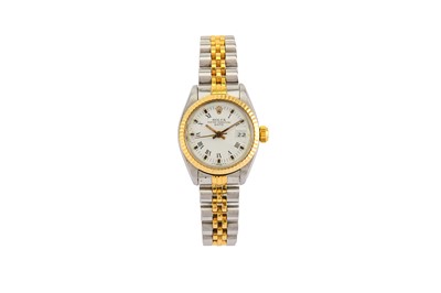 Lot 336 - ROLEX. A LADIES STAINLESS STEEL AND GOLD...
