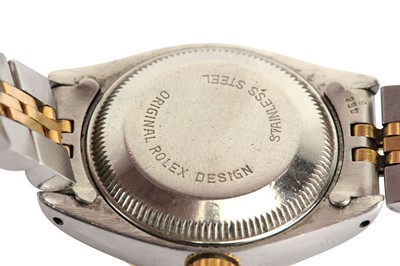 Lot 336 - ROLEX. A LADIES STAINLESS STEEL AND GOLD...