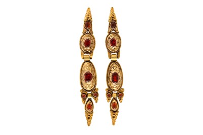 Lot 231 - A pair of garnet pendent earrings, probably...