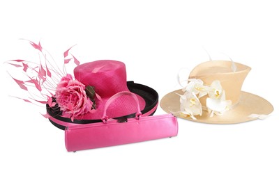 Lot 375 - Two Philip Treacy Hats, the first in pink and...