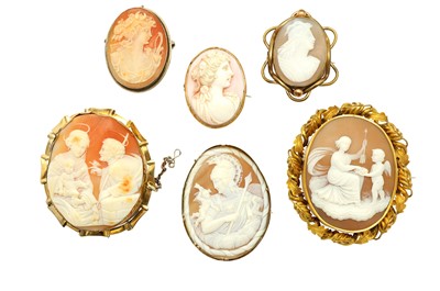 Lot 573 - A collection of six shell cameo brooches...