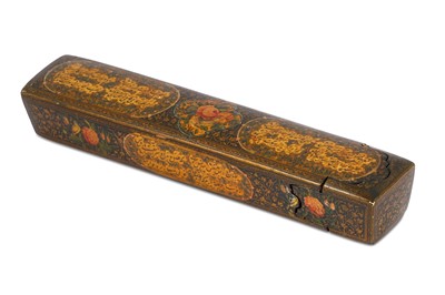 Lot 235 - A QAJAR LACQUERED PAPIER-MÂCHÉ PEN CASE...