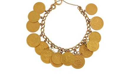 Lot 143 - A coin bracelet The 18 carat gold curb-link...