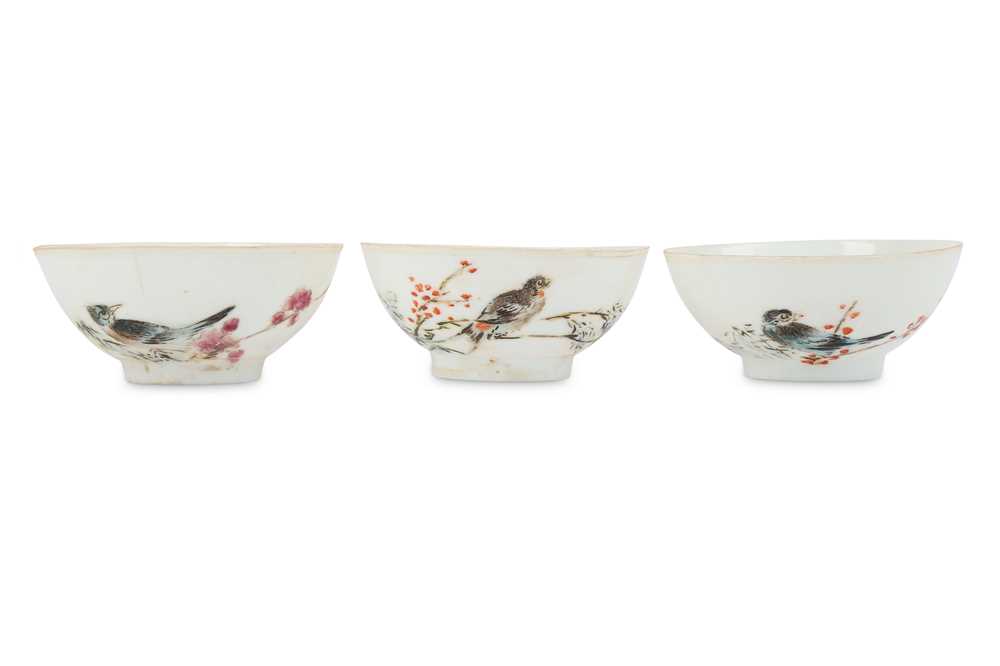 Lot 57 - THREE CHINESE FAMILLE ROSE EGGSHELL 'BIRDS'...