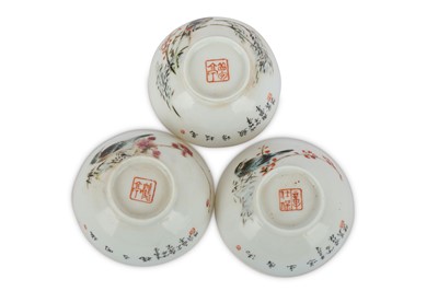 Lot 57 - THREE CHINESE FAMILLE ROSE EGGSHELL 'BIRDS'...