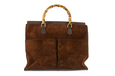 Lot 109 - Gucci Brown Suede Bamboo Tote, two front slip...