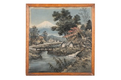 Lot 322 - TWO JAPANESE VELVET PAINTINGS AND AN EMBROIDERED PANEL.