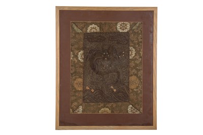 Lot 322 - TWO JAPANESE VELVET PAINTINGS AND AN EMBROIDERED PANEL.