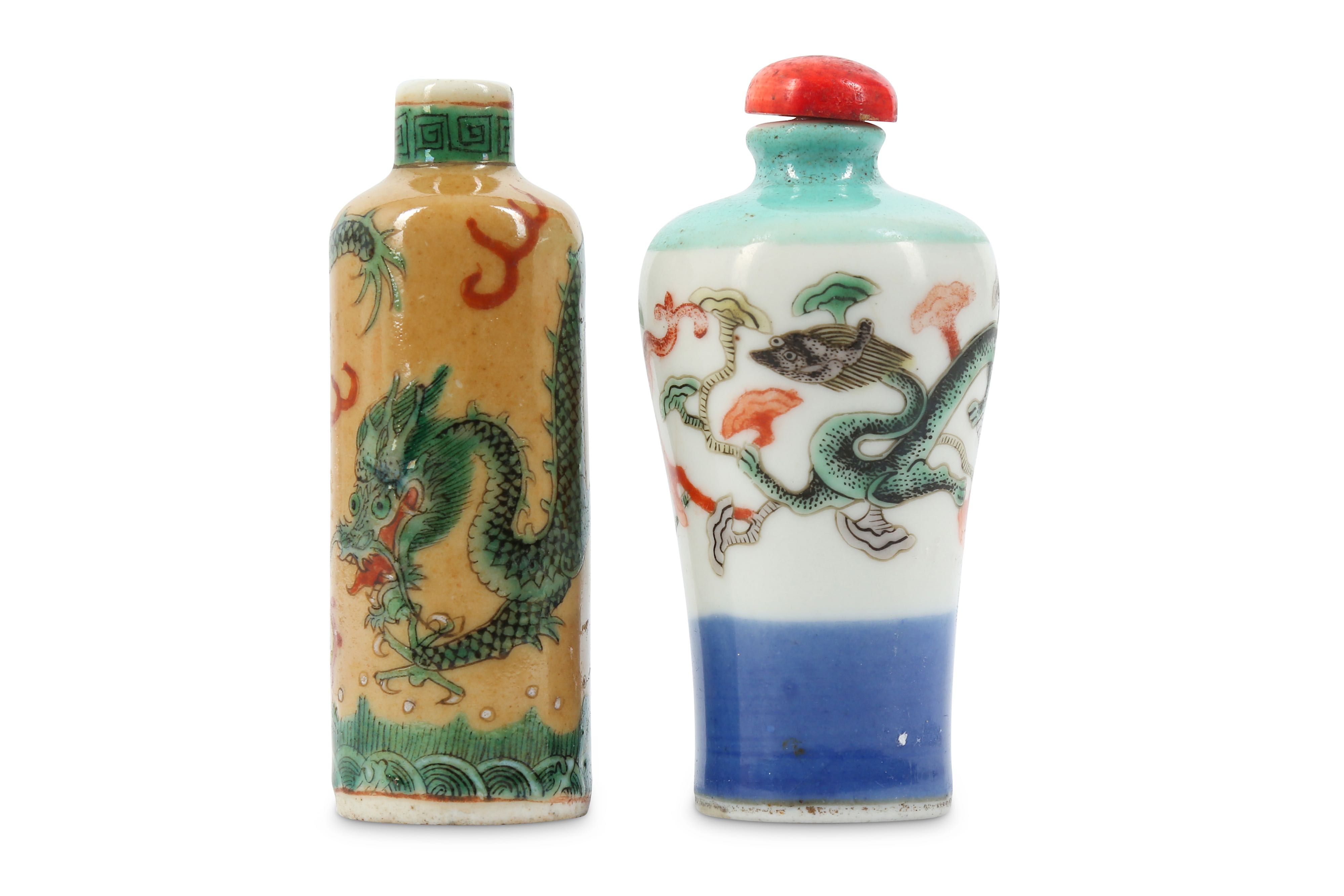 Lot 128 TWO CHINESE 'DRAGON' SNUFF A green glass snuff bottle with dragon