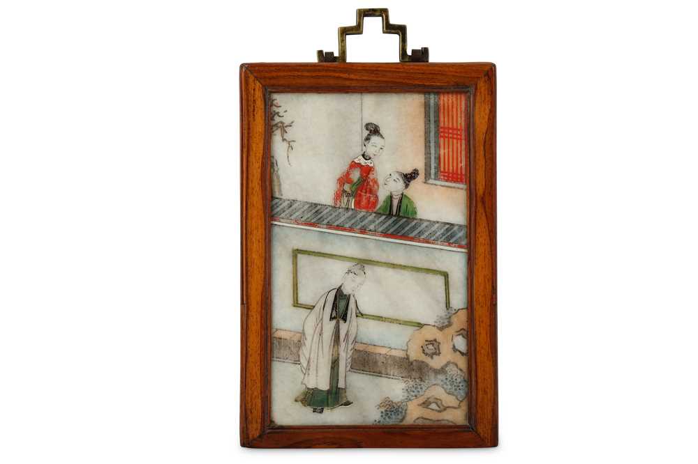 Lot 530 - A CHINESE PAINTED 'LOVERS' SOAPSTONE PANEL....