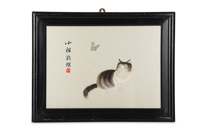 Lot 448 - A CHINESE EMBROIDERED SILK PANEL OF A CAT, 20TH CENTURY