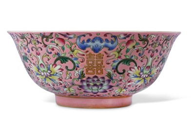 Lot 33 - A CHINESE FAMILLE ROSE PINK-GROUND 'WEDDING'...
