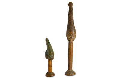 Lot 832 - TWO YORUBA STYLE STAFFS Both standing on...