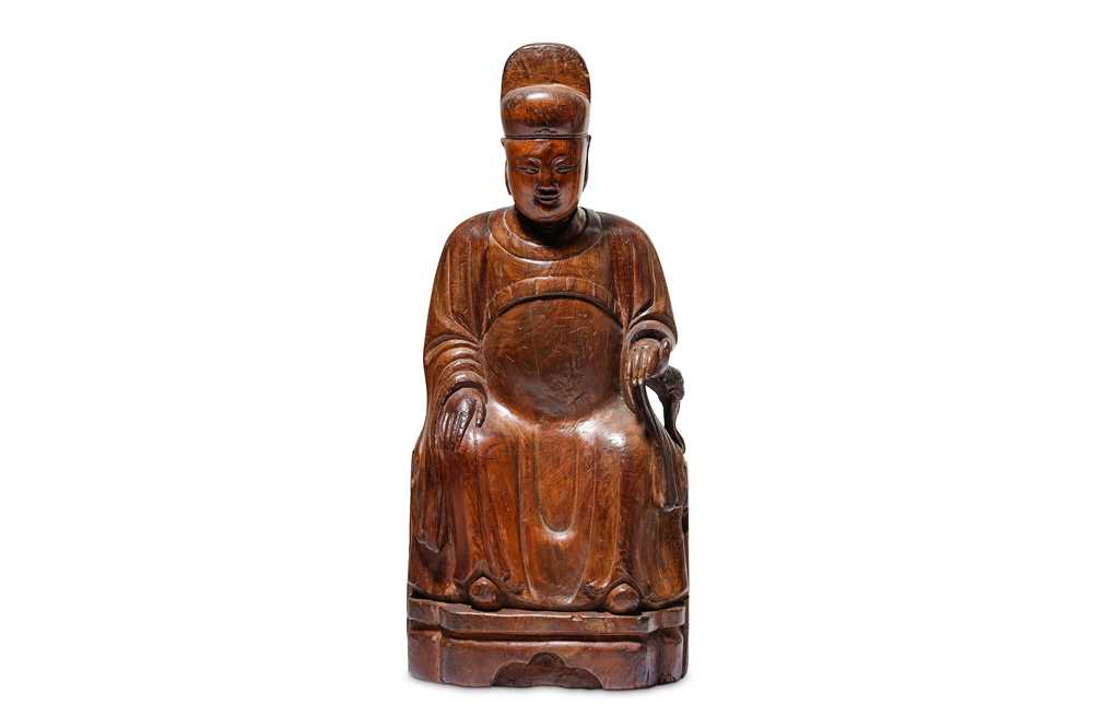 Lot 116 - A CHINESE CYPRESS WOOD FIGURE OF A SEATED...
