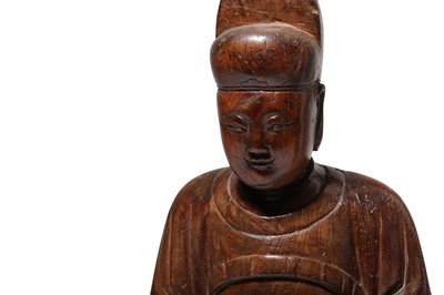 Lot 116 - A CHINESE CYPRESS WOOD FIGURE OF A SEATED...