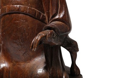 Lot 116 - A CHINESE CYPRESS WOOD FIGURE OF A SEATED...