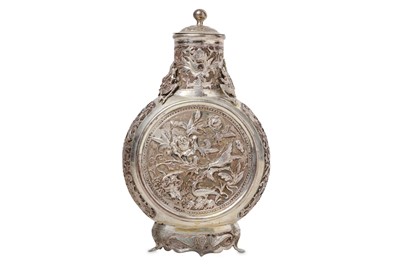 Lot 103 - A CHINESE CANTON SILVER MOON FLASK AND COVER....