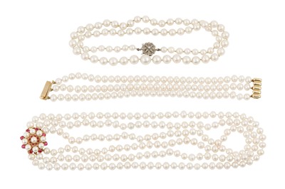 Lot 571 - Two cultured pearl necklaces and a bracelet ...