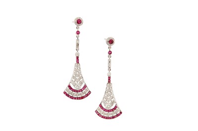 Lot 158 - A pair of ruby and diamond pendent earrings...