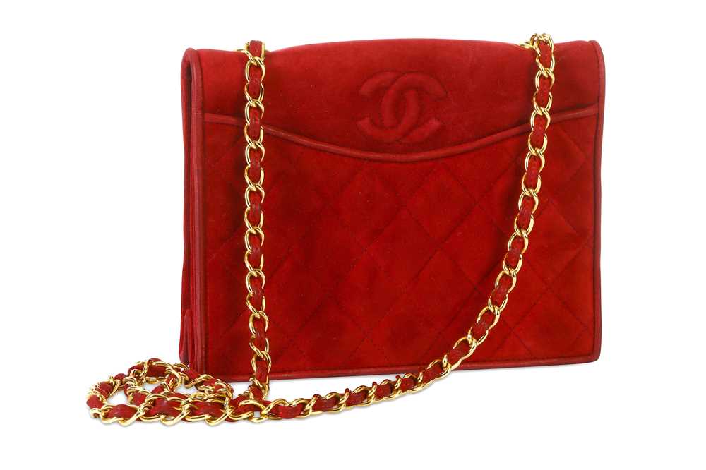 CHANEL Chain Shoulder Bag Suede Red Gold CC Auth bs6033
