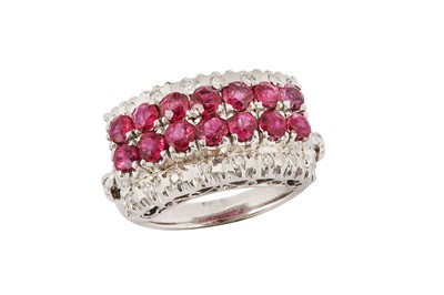 Lot 163 - A ruby and diamond dress ring The raised  twin...