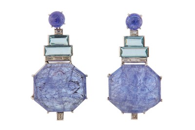 Lot 216 - A pair of tanzanite, aquamarine and diamond...