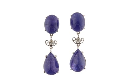 Lot 220 - A pair of tanzanite and diamond pendent...