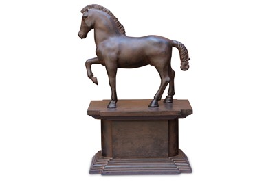 Lot 323 - A bronzed mantle figure of a stallion raised...