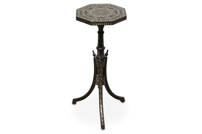 Lot 405 - A pair of zinc-inlaid wooden huqqa stands,...