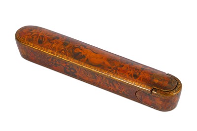 Lot 228 - A QAJAR LACQUERED PAPIER-MÂCHÉ PEN CASE...