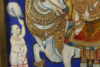 Lot 341 - A TANJORE PAINTING OF SHIVA AND PARVATI ON...