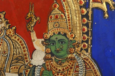 Lot 341 - A TANJORE PAINTING OF SHIVA AND PARVATI ON...
