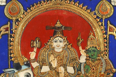 Lot 341 - A TANJORE PAINTING OF SHIVA AND PARVATI ON...