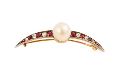 Lot 518 - A cultured pearl, ruby and diamond crescent...