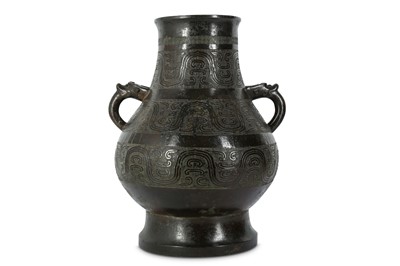 Lot 336 - A CHINESE ARCHAISTIC BRONZE VASE, HU....