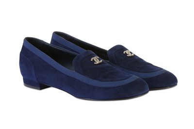 Lot 178 - Chanel Blue Suede Loafers, silver tone CC...