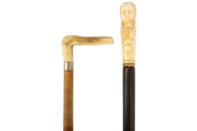Lot 457 - A Continental walking stick, the bone handle carved with a portrait of a lady