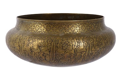 Lot 197 - A LARGE SAFAVID BRASS BOWL WITH ARMENIAN...