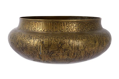 Lot 197 - A LARGE SAFAVID BRASS BOWL WITH ARMENIAN...