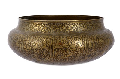 Lot 197 - A LARGE SAFAVID BRASS BOWL WITH ARMENIAN...