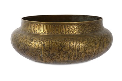 Lot 197 - A LARGE SAFAVID BRASS BOWL WITH ARMENIAN...