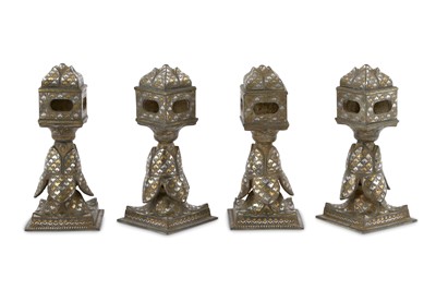 Lot 300 - FOUR BIDRI SILVER AND COPPER-INLAID CHARPAI...