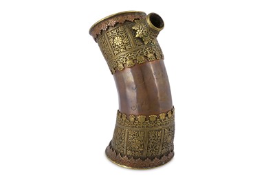 Lot 320 - A YAK HORN-SHAPED COPPER AND BRASS HUQQA BASE ...