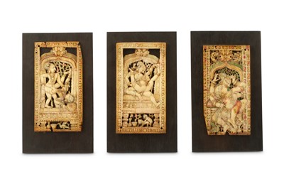 Lot 323 - THREE CARVED IVORY PLAQUES WITH EROTIC SCENES...