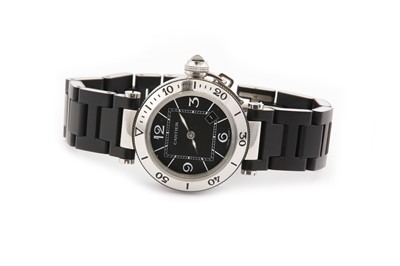 Lot 633 - CARTIER. A LADIES QUARTZ STAINLESS STEEL AND...